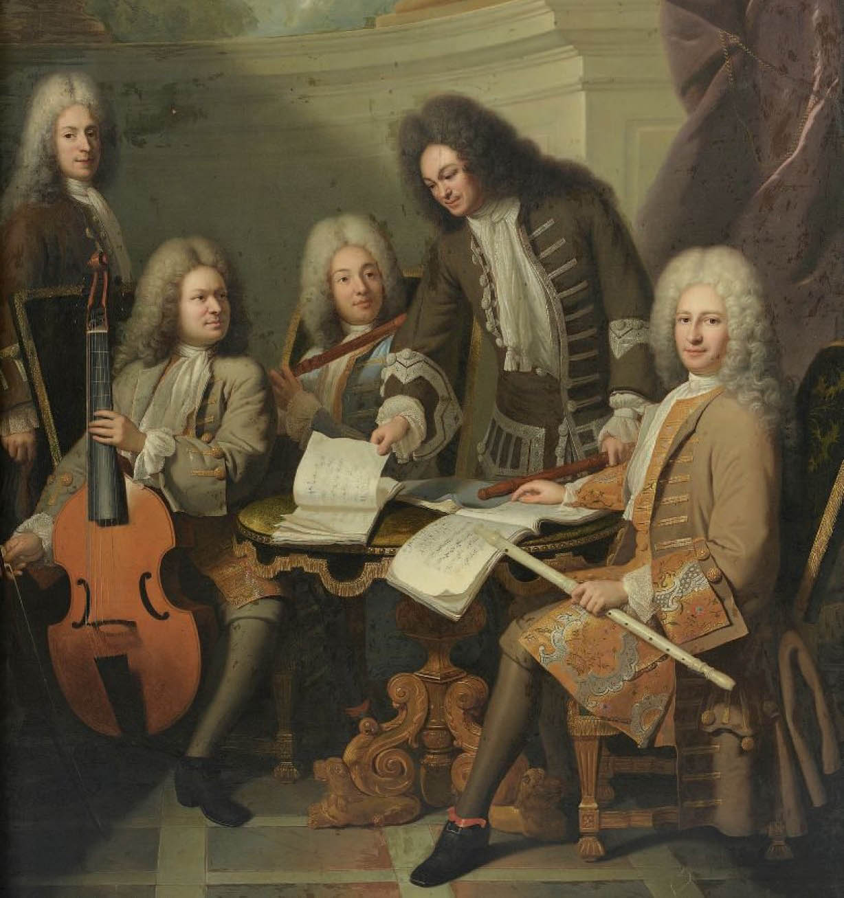 Représentation peinte du flûtiste Michel de La Barre entouré de deux des frères Hotteterre et du violiste Antoine Forqueray, par André Bouys, vers 1710.